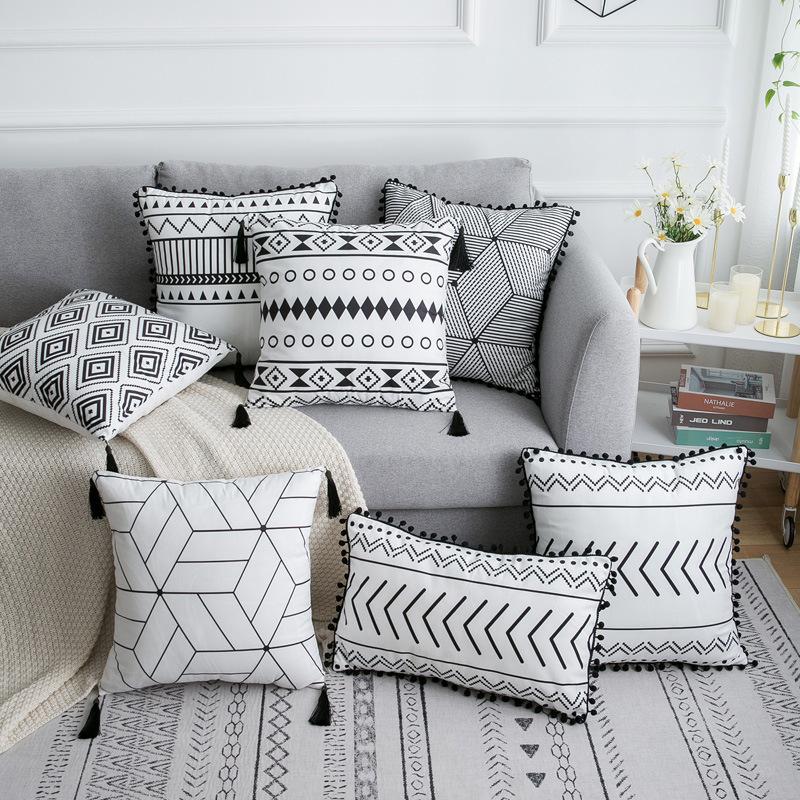 Black and white outdoor pillows, Striped Tassel, Beige