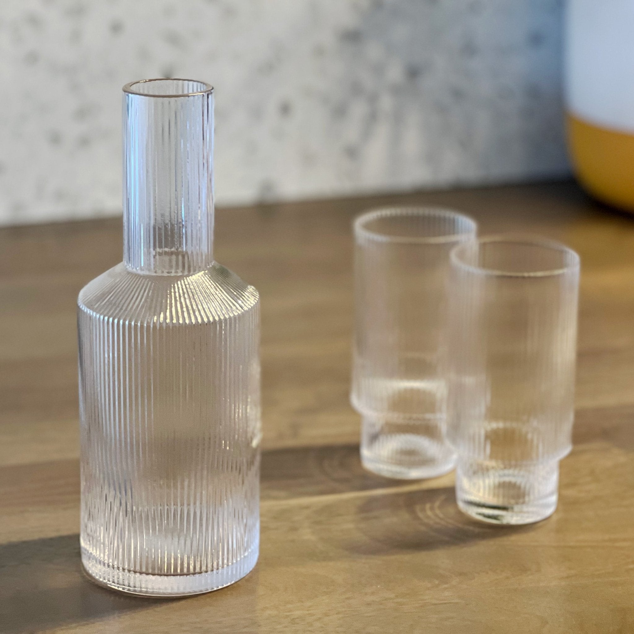 Glass Bedside Water Carafe with Lid and Glass Cups Set, Ribbed