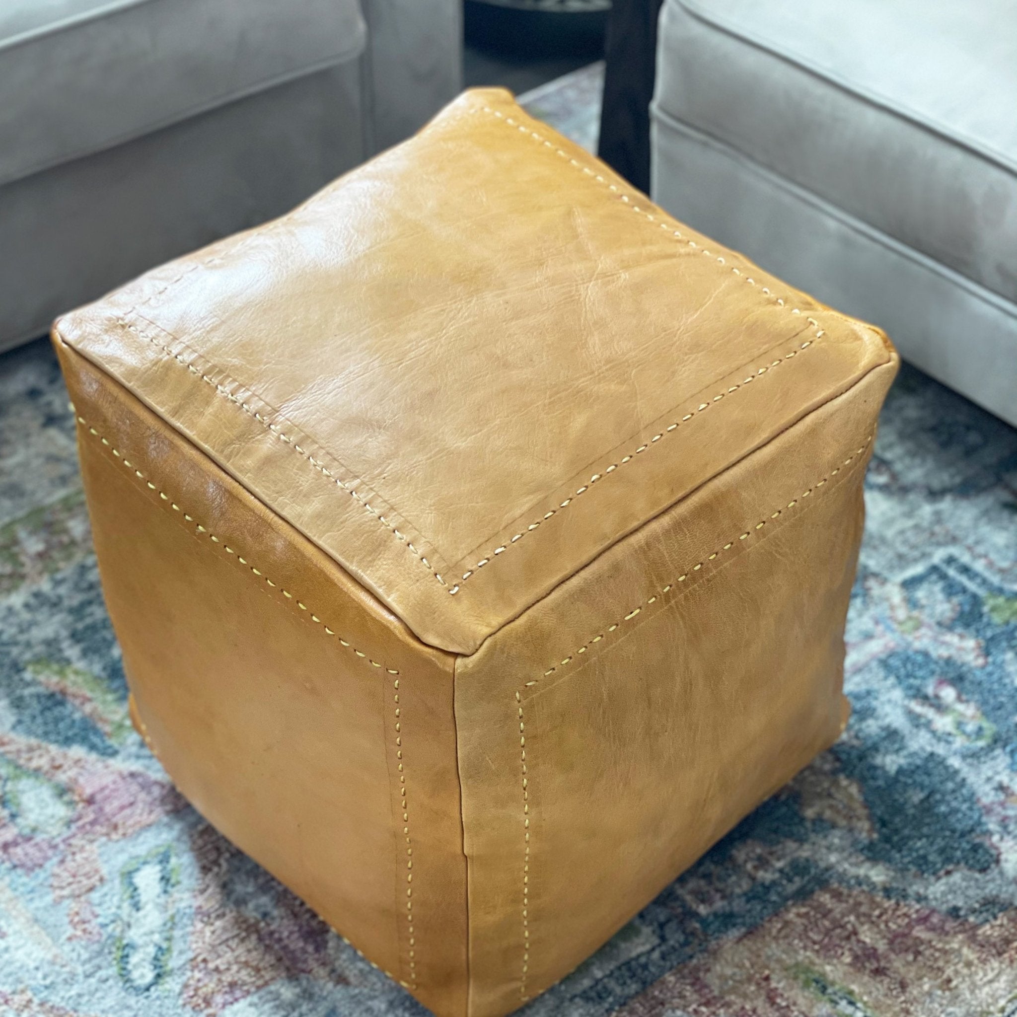 Camel square leather pouf - Tea + Linen