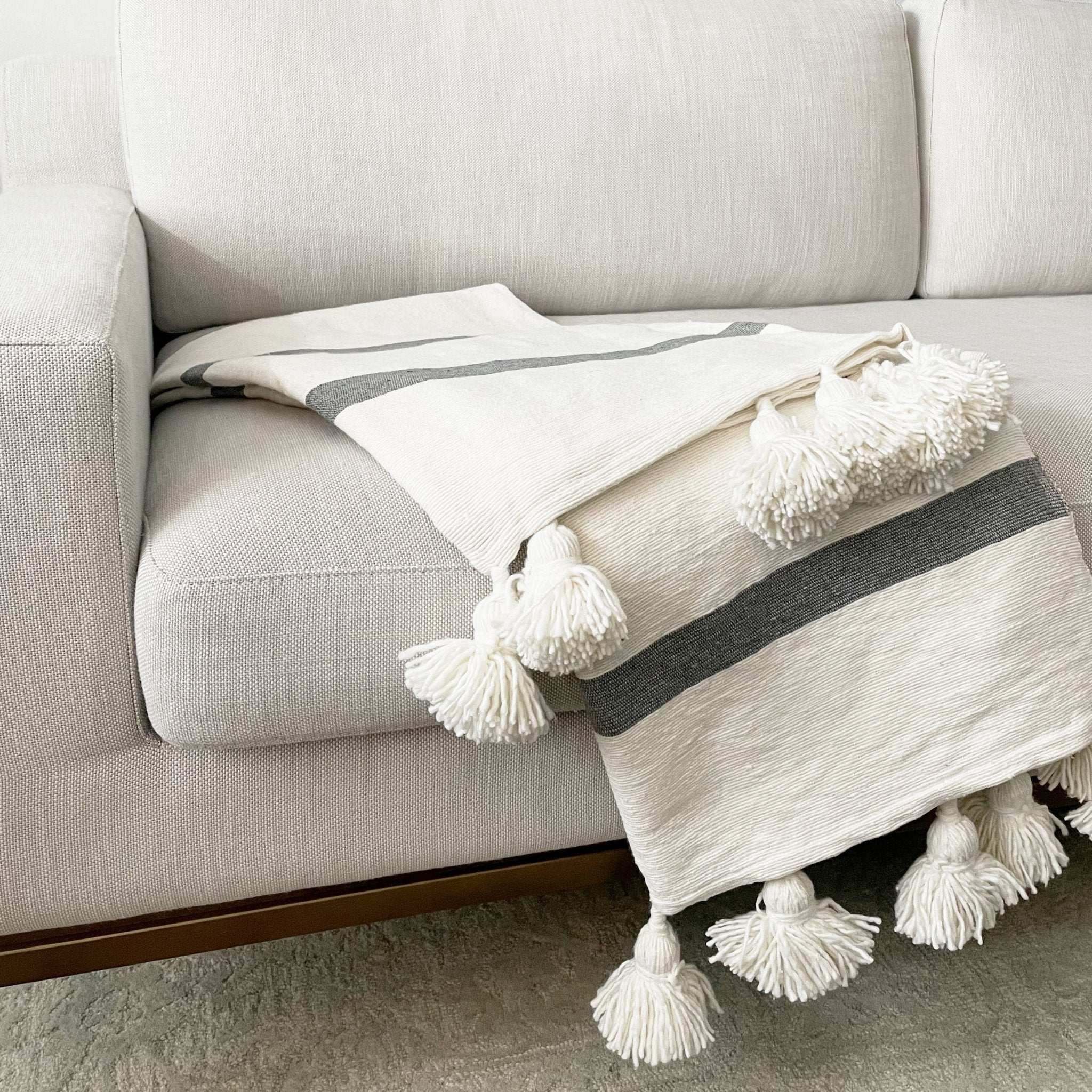 Gray Stripe Pom Pom Throw - Tea + Linen