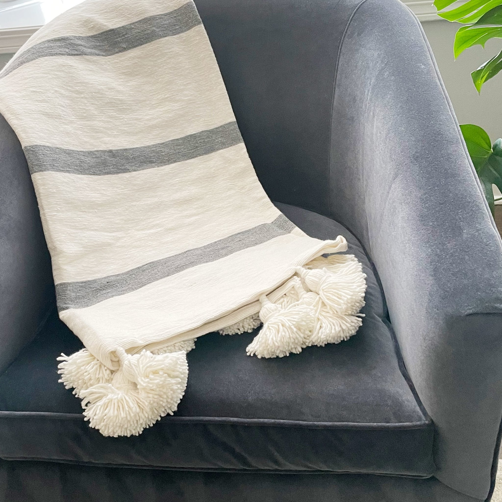 Gray Stripe Pom Pom Throw - Tea + Linen