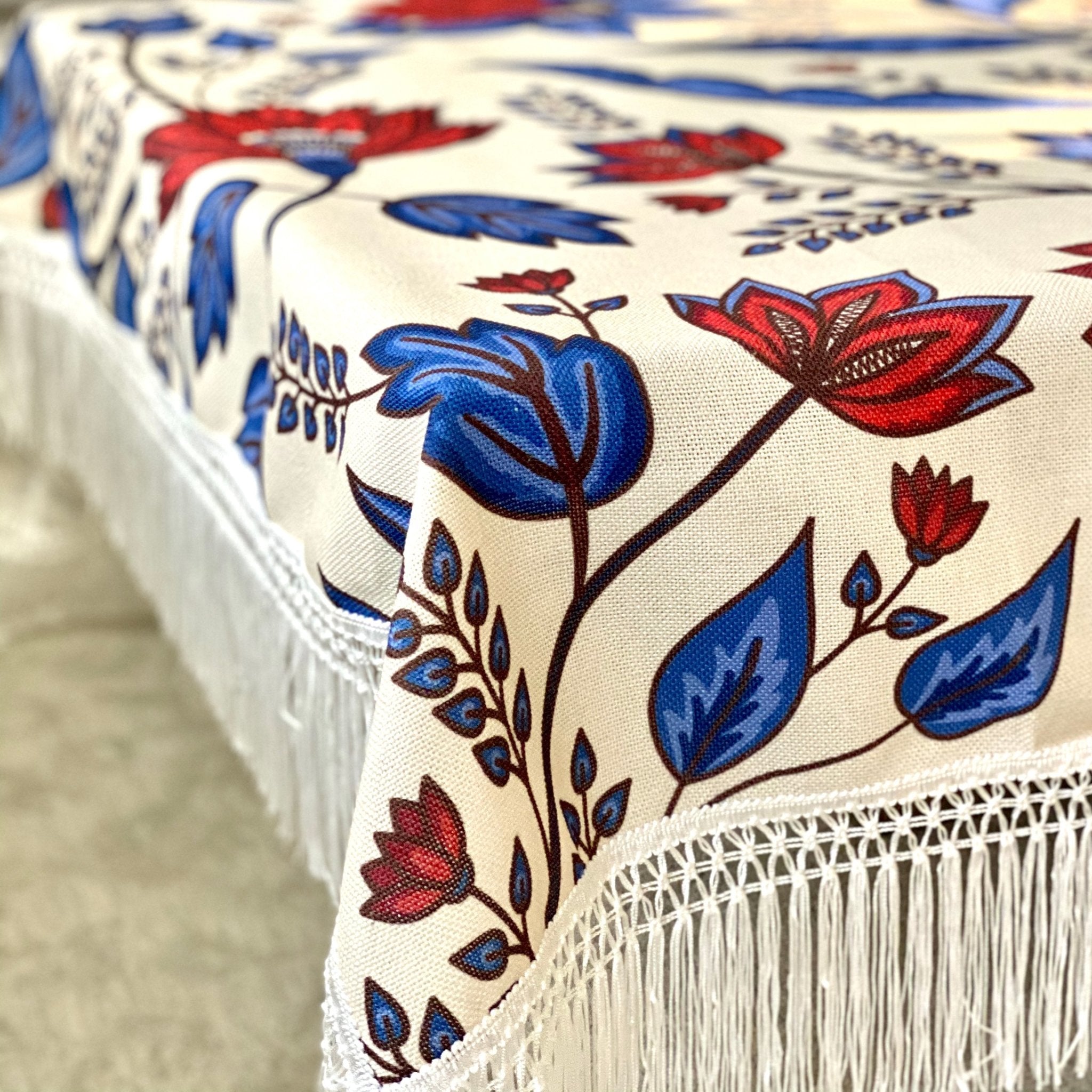 Light Blue Turkish Tablecloth Red Iznik Motifs Hand Crochets | Hand Block Printed orders | Handmade