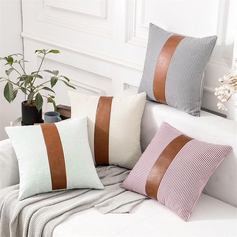 Striped Pillow Cover with Faux Leather Accent - Tea + Linen