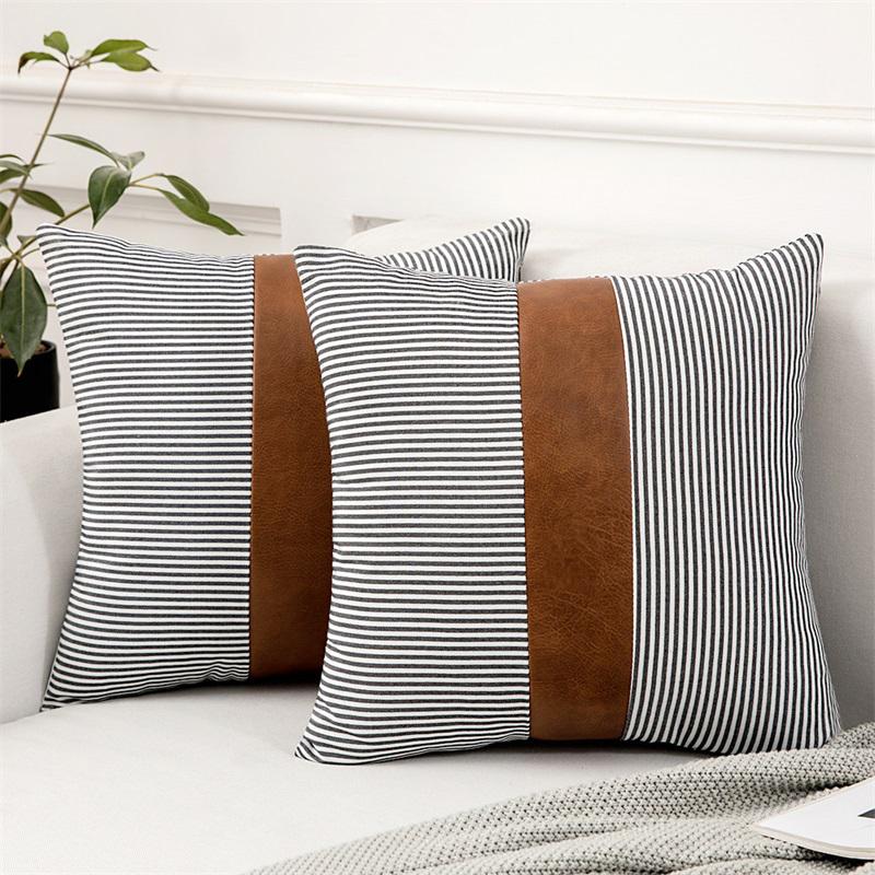 Striped Pillow Cover with Faux Leather Accent - Tea + Linen